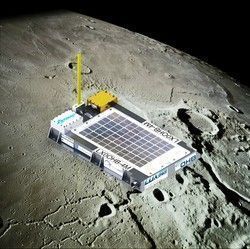 A model of the 4M spacecraft superimposed on an image of the moon's surface. [LUXspace graphic]